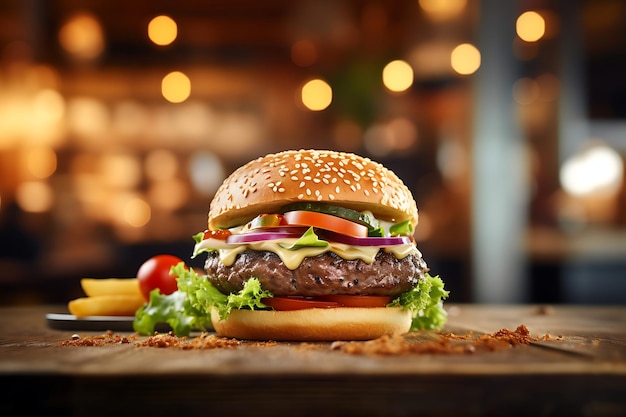 Hamburger on Wooden Table with Blurred Restaurant Background