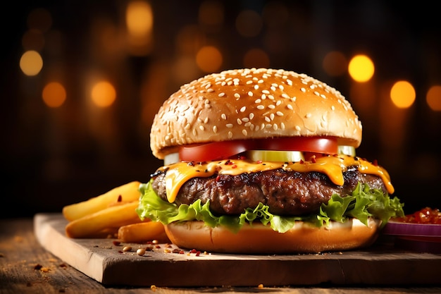 Photo hamburger on wooden table with blurred restaurant background