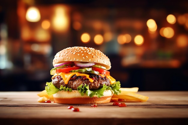 Hamburger on wooden table with blurred restaurant background