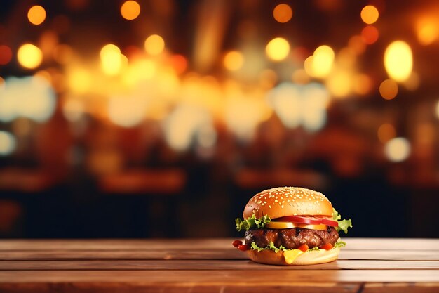 Hamburger on wooden table with blurred restaurant background