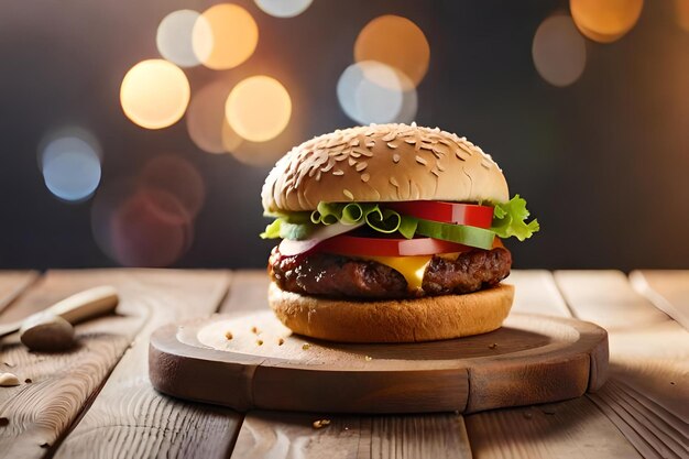 A hamburger on a wooden table with a christmas tree in the background.