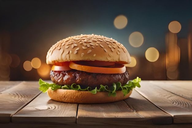 A hamburger on a wooden table with lights behind it