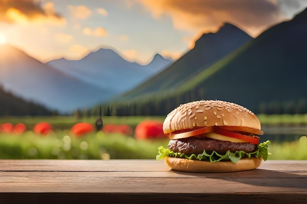 Hamburger on a wooden table with mountains in the background