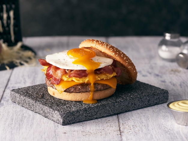 Hamburger on wooden table