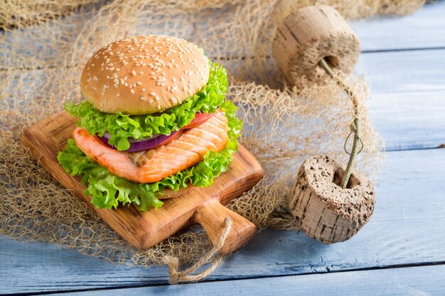 hamburger on a wooden table