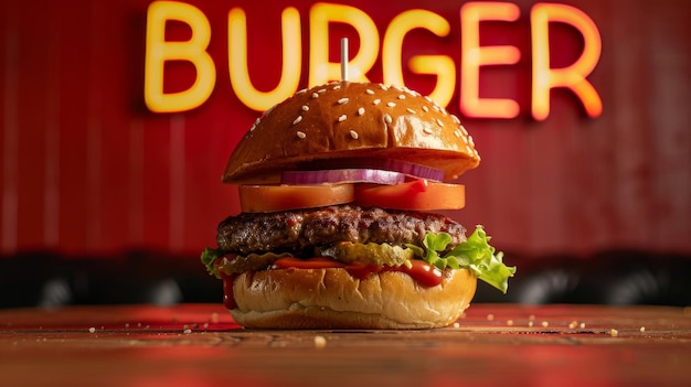 Hamburger on Wooden Table