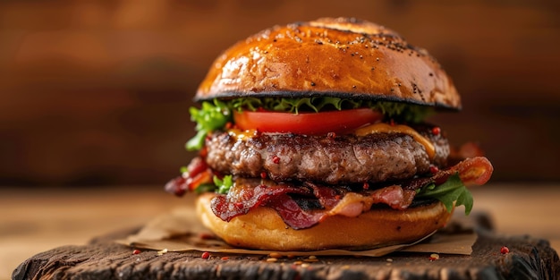 Hamburger on Wooden Table