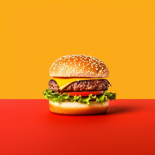 Hamburger on yellow background with copy space generative ai