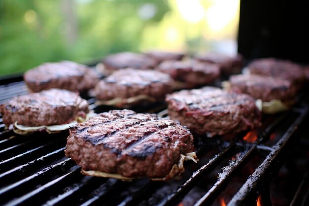 Photo hamburgers are cooking on a grill with a fire behind them