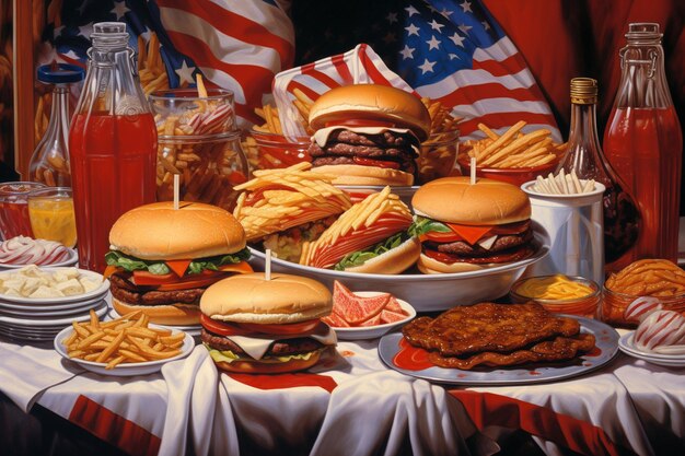 Foto hamburgers, cola, feesthoorns en amerikaanse vlaggen.