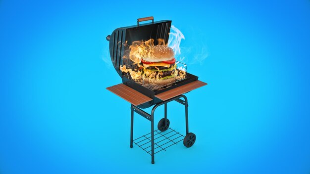 Photo hamburgers cooking on grill with flames. 3d rendering