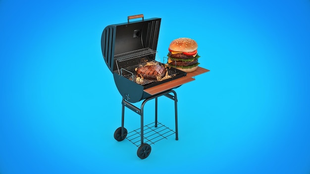 hamburgers cooking on grill with flames. 3d rendering