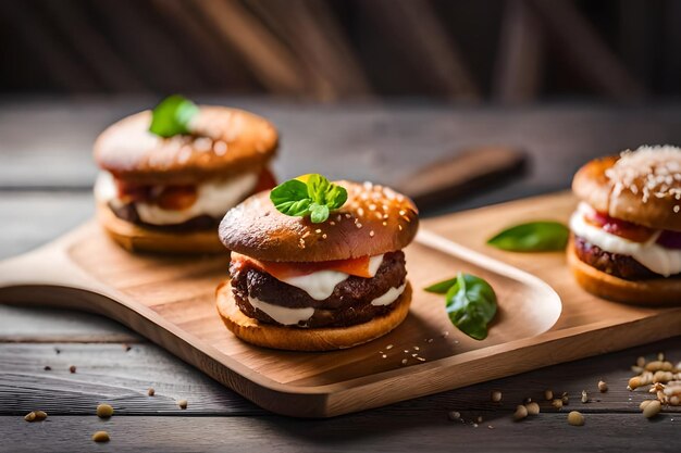 hamburgers on a cutting board with a piece of bread and basil leaf.