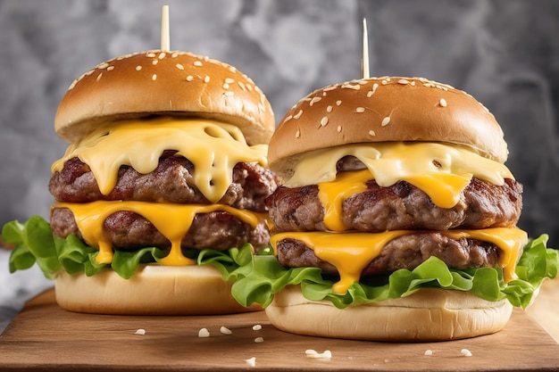 hamburgers met kaas en sla op een houten bord.