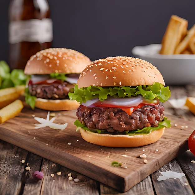 Foto hamburgers met ketchup en friet op een houten tafel