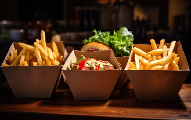 hamburgers in paper boxes with fries and carrots