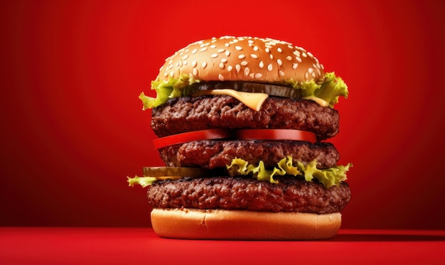 Hamburgers on red background concept burger stacked