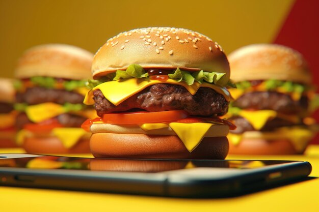 Hamburgers on smartphone on yellow background AI generated