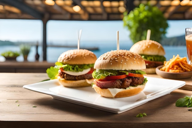 Hamburgers on a white plate with a wooden background.