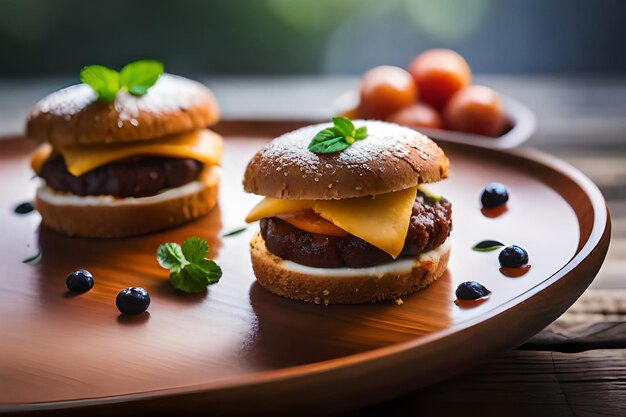 hamburgers with cheese and grapes on a tray