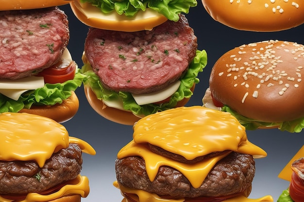 hamburgers with cheese and lettuce are displayed on a blue background.