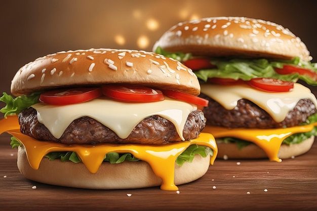 hamburgers with cheese and lettuce on a cutting board.