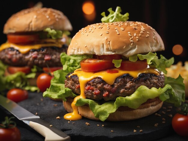 hamburgers with cheese and lettuce on a table.