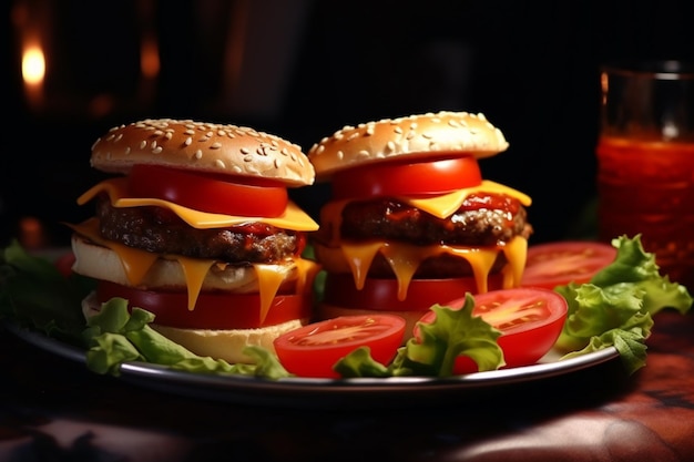 Hamburgers with cheese and tomatoes are arranged on a plate