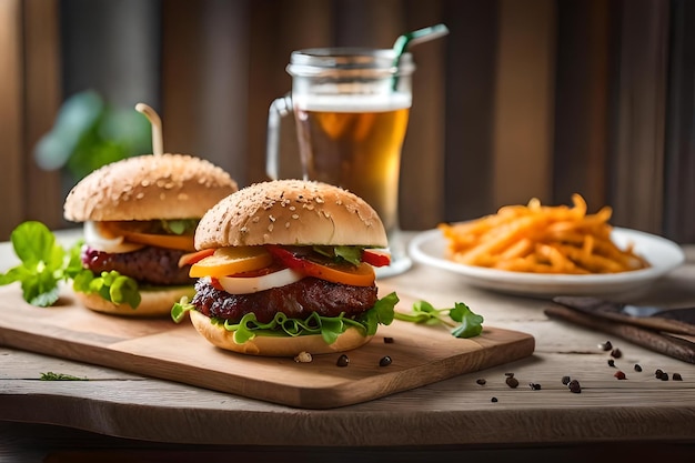 Foto hamburger con patatine fritte e un bicchiere di birra