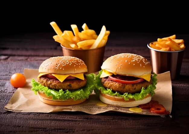 hamburgers with fries on a table