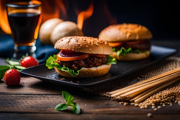 hamburgers with a glass of wine and a pile of strawberries.