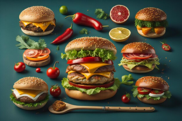 Photo hamburgers with vegetables on green background fast food concept generative ai