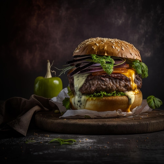 Hamburguer donkere achtergrond, heerlijke hamburguer professionele foto