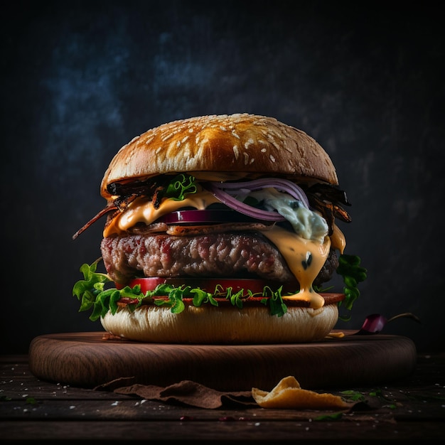 Hamburguer donkere achtergrond, heerlijke hamburguer professionele foto