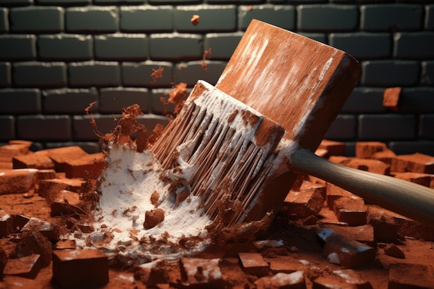 a hammer is stuck in a brick and is surrounded by bricks.