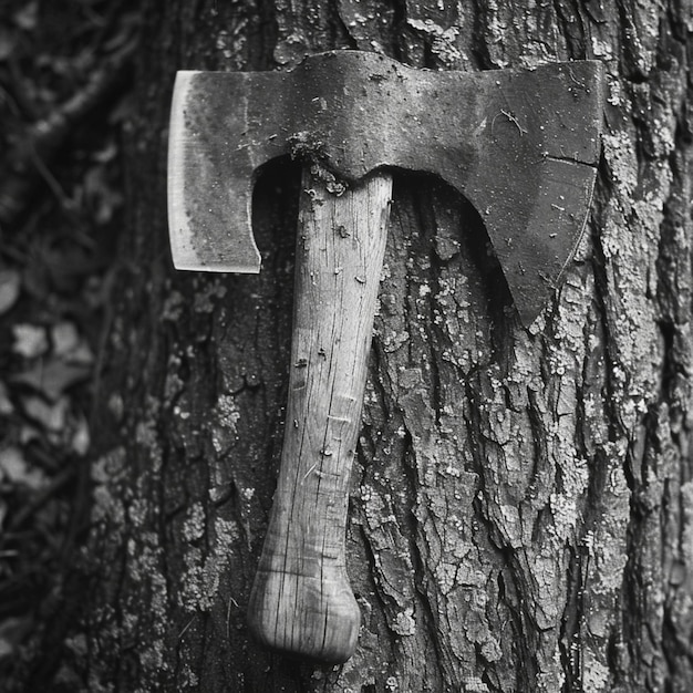 a hammer is stuck in a tree and the letter t is on the tree