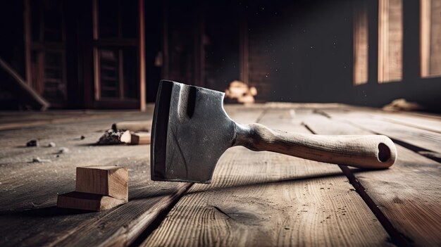 A hammer laying on a wood table with a fire in the background