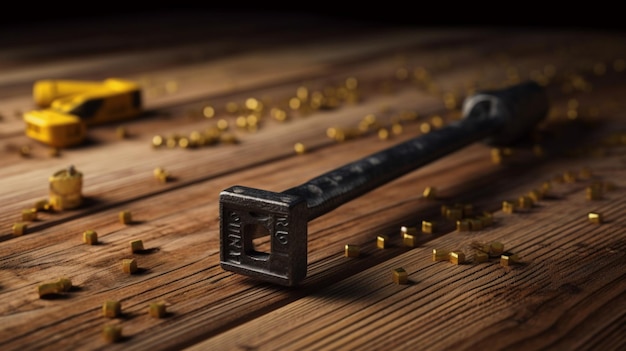 Foto hammer chiodi nastro di misura e sega su legno ai generativo