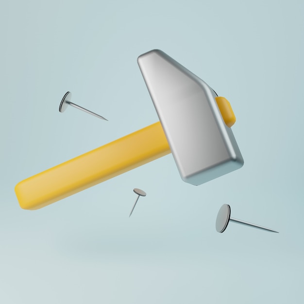 Hammer and scattered nails 3D Illustration