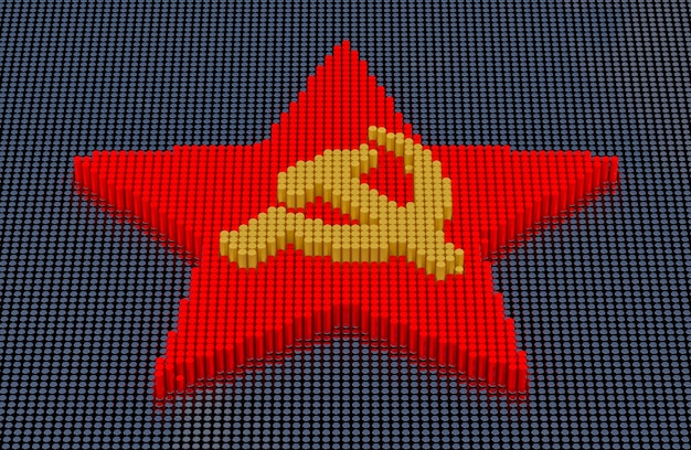 Photo hammer and sickle symbol of the black metallic matrix background. 3d rendering