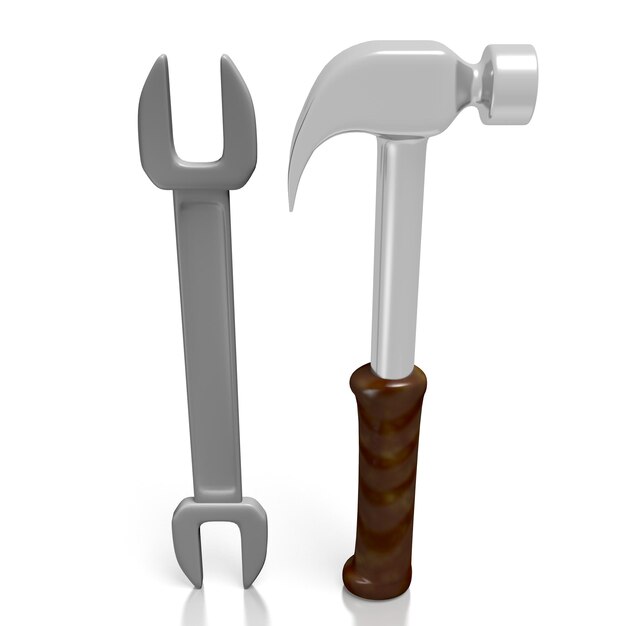 Hammer and wrench isolated on white background 3D illustration