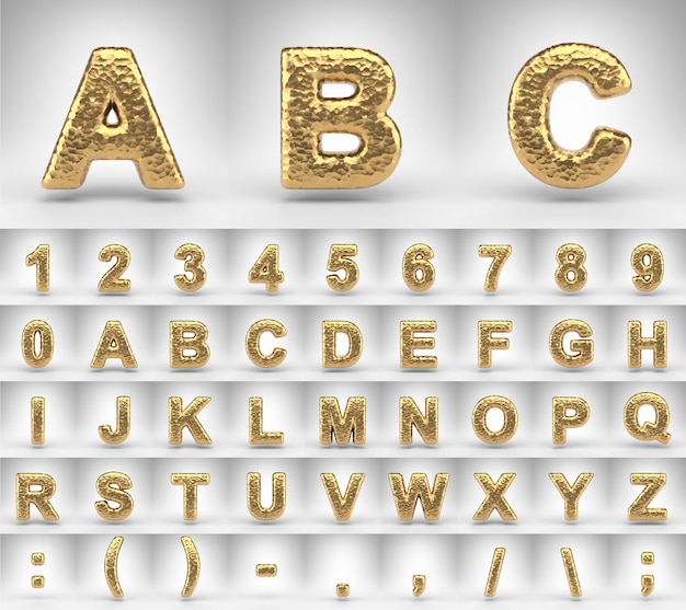白地に大文字の槌で打たれた真鍮のアルファベット。光沢のあるメタリックテクスチャを備えた3Dレンダリングされた文字番号とフォント記号。