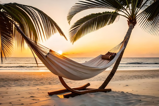 A hammock on a beach at sunset with a sunset in the background