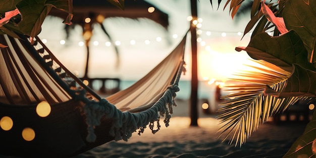 Foto un'amaca sulla spiaggia al tramonto