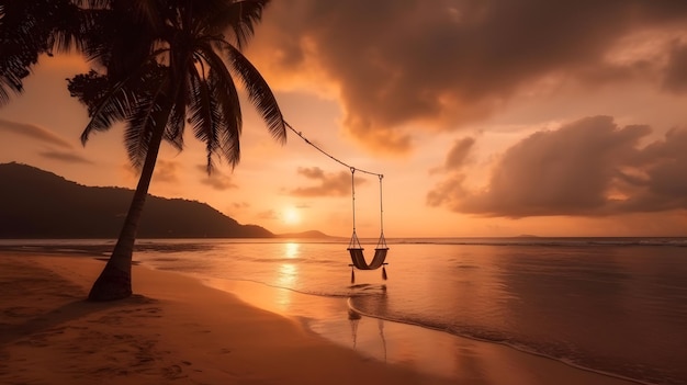 A hammock on a beach at sunset
