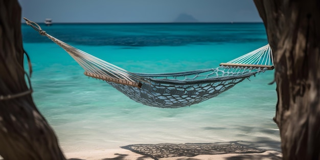 A hammock on a beach with a mountain in the background