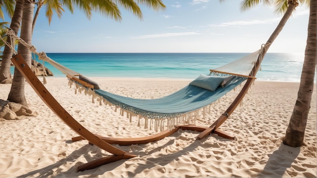 Photo a hammock on a beach with a palm tree in the background