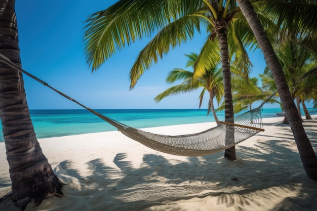 A hammock on a beach with palm trees in the background.