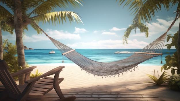 A hammock on a beach with palm trees and a blue sky