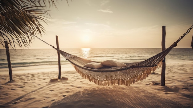 A hammock on a beach with a sunset in the background